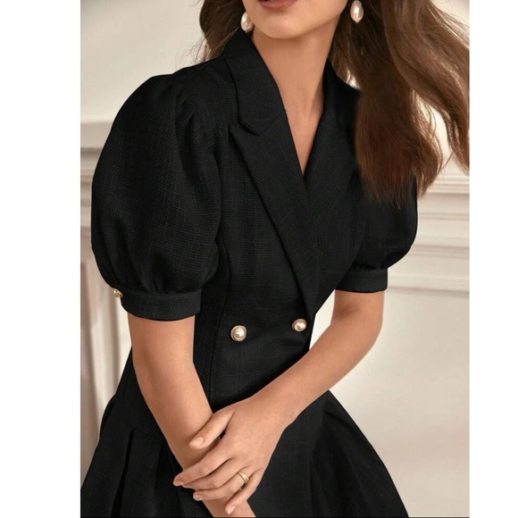 FRENCH PUFF SLEEVE DOUBLE BREASTED PLEATED HEM DRESS - Picture 5 of 16